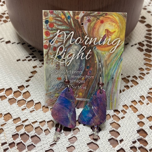 Handmade Paper Earrings Purple Mountains Collage with bead - Picture 1 of 1